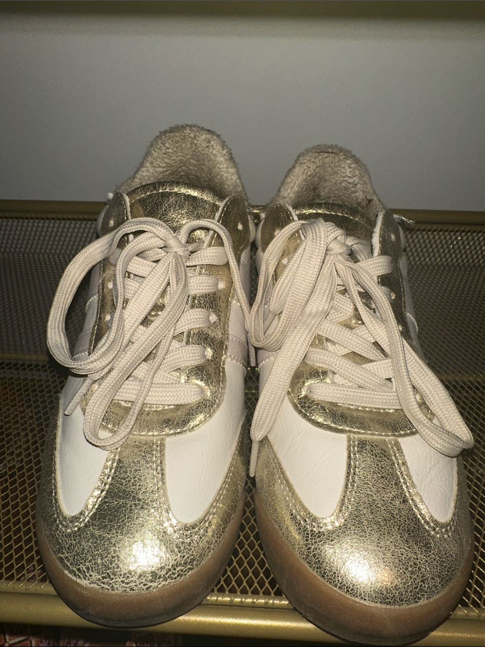 Dolce Vita White and Metallic Gold Lace-Up Sneakers